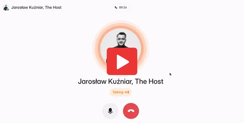 Interfejs aplikacji The Host AI – rozmowa głosowa z asystentem Jarosław Kuźniar, The Host