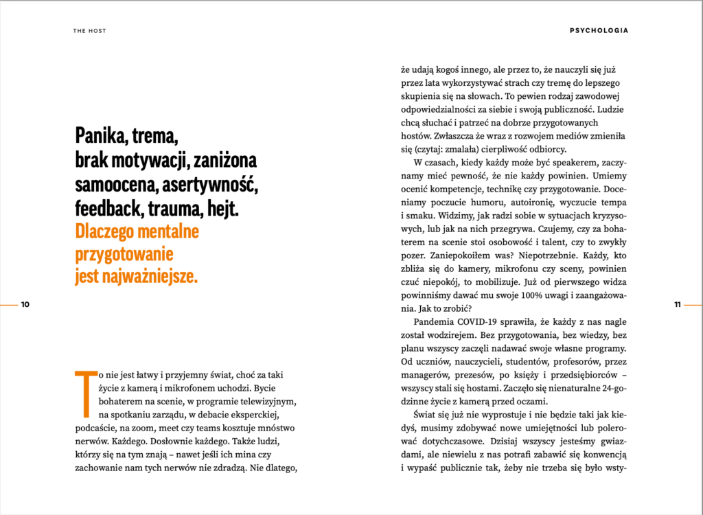 Rozłożona strona podręcznika The Host Jarosława Kuźniara – rozdział o psychologii wystąpień publicznych