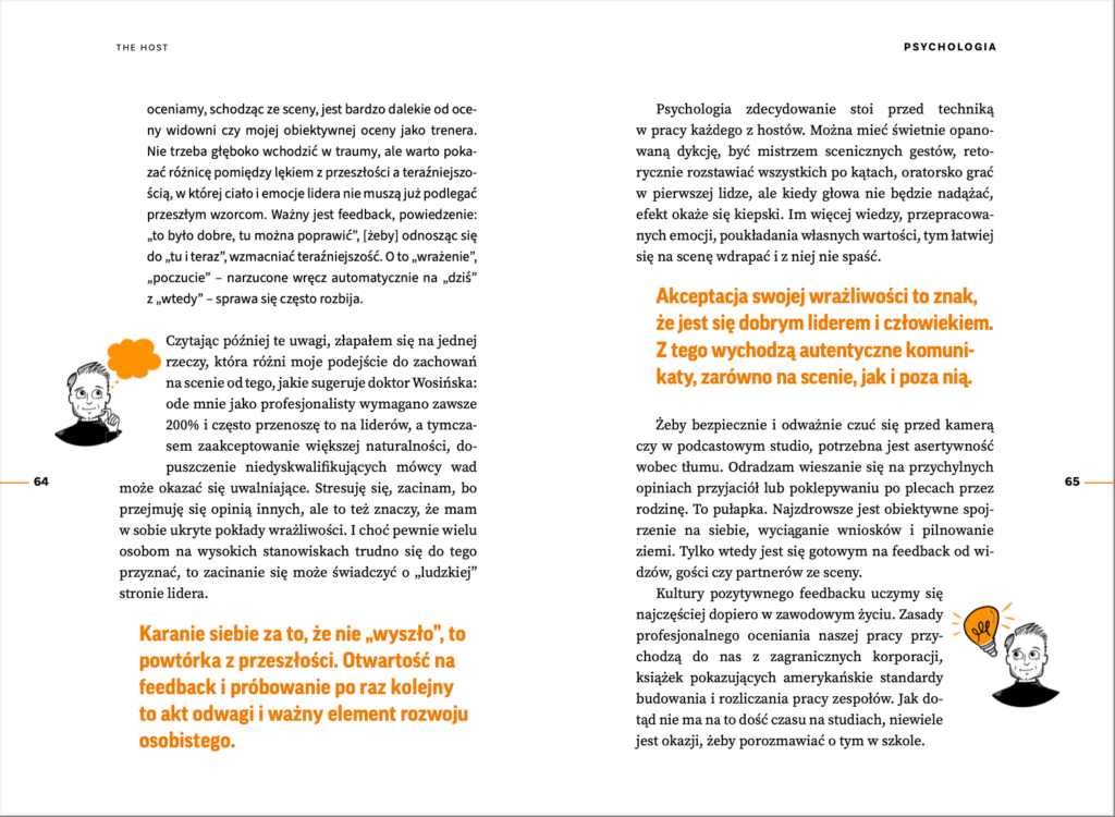 Rozłożona strona podręcznika The Host Jarosława Kuźniara – rozdział o psychologii wystąpień publicznych