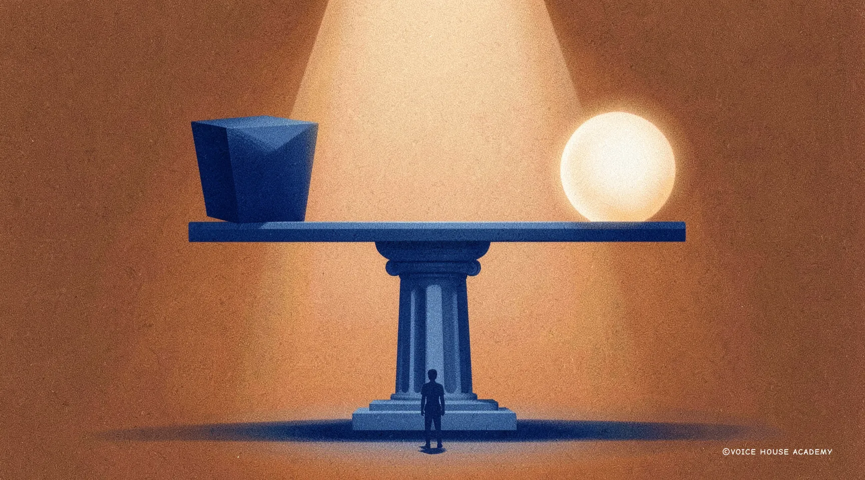 Metaforyczna ilustracja przedstawiająca idealną równowagę między logiką (niebieski sześcian) a emocjami (świecąca kula) w retoryce. Grafika ilustruje balans między Logos i Pathos, fundamentami perswazji opisanej przez Arystotelesa, kluczowymi dla skutecznej komunikacji i storytellingu Voice House Academy