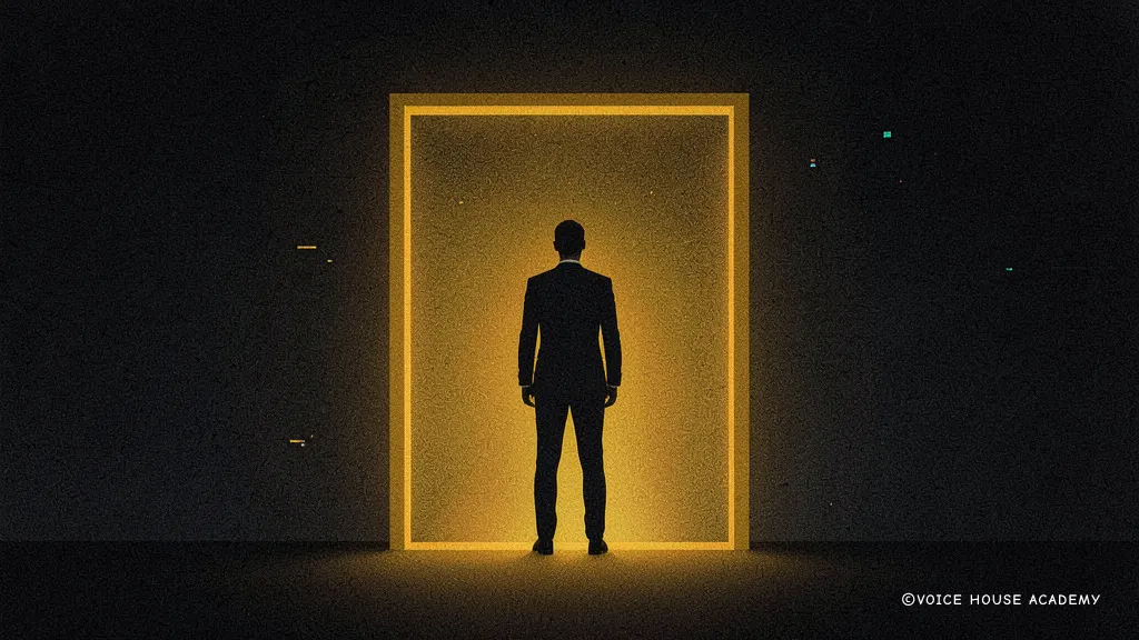 Minimalistyczna grafitowo-ochrowa ilustracja z postacią w świetlistej ramie, symbolizująca świadomą autoprezentację i skuteczny elevator pitch.