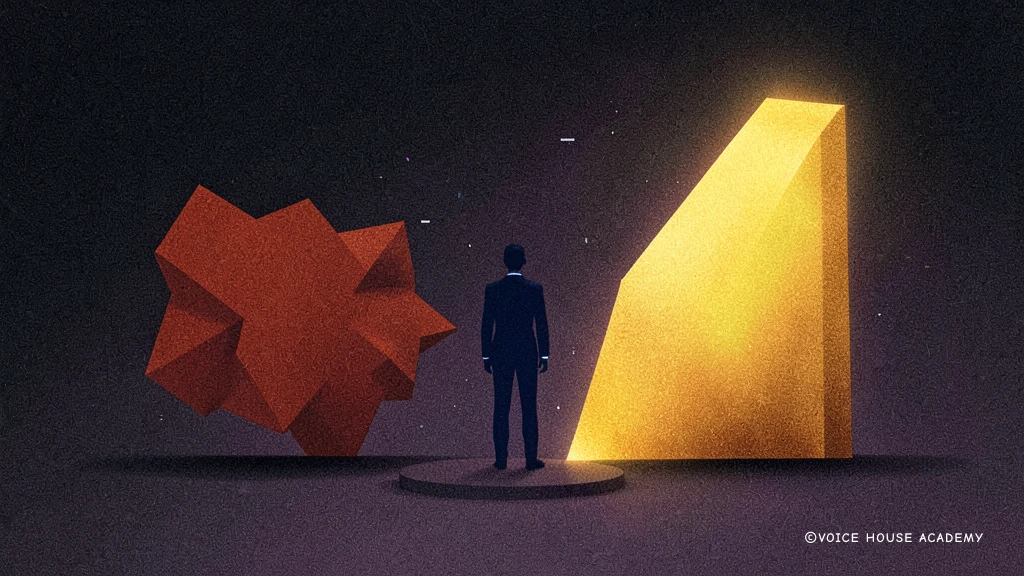 Geometryczna rzeźba ilustrująca zamianę lęku w energię oraz techniki opanowania tremy przed występem.